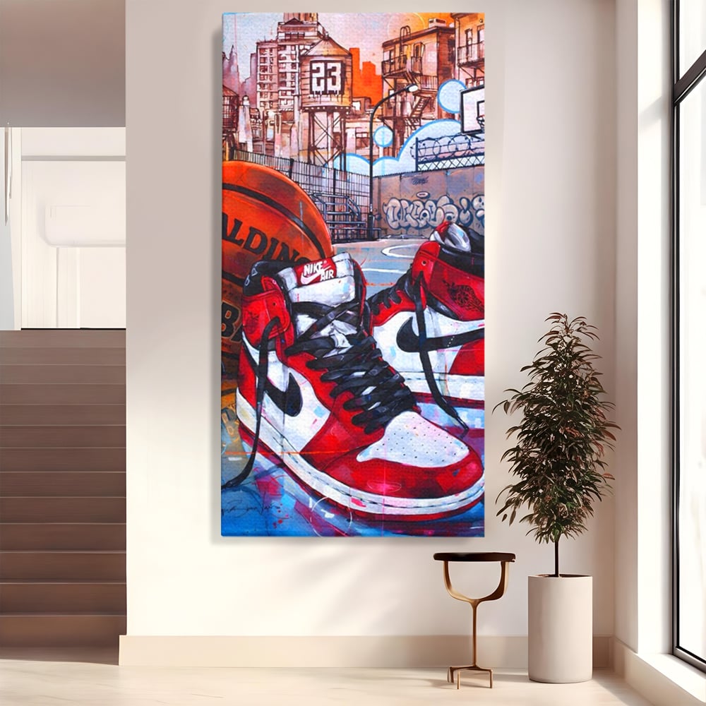 Tablou canvas cu tablou canvas cu adidasi si baschet, fara rama, pe sasiu de lemn